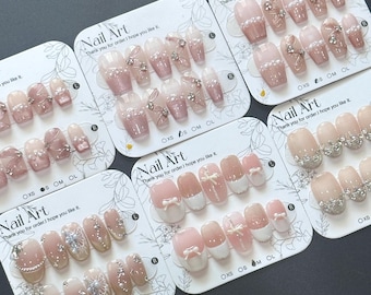 Pink Ribbon French Tip Press On Nails: Wedding, Hand Painting, Elegant Nails - S