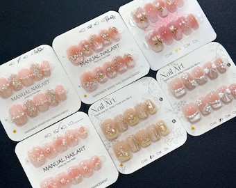 3D Flower Press On Nails: Short French, Pearl Bow Nails - Size XS/S