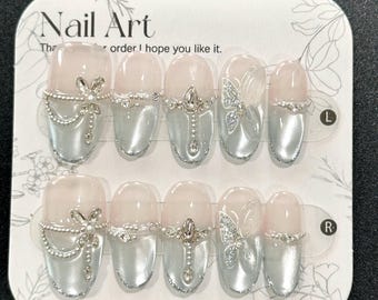 3D Blue Butterfly Press On Nails: Rhinestone Cat Eye French Tips - Size S