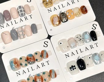Fun Colorful Press On Nails: Hand Painted, Short, Square/Round Nails - Size S