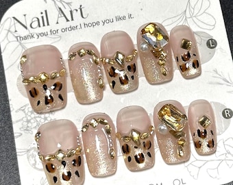 Multi Leopard Pattern Press On Nails: Winter, Fall, Gold/Brown - Size S