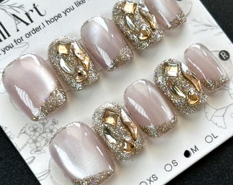 Pink Cat Eye Press On Nails: Pearl, Rhinestone, Holiday Design - Size S/M