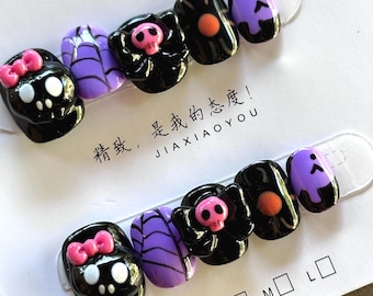 Halloween 3D Ghost Press On Nails | Purple/Pink | Pumpkin/Bat/Spider - SIZE S/M
