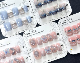Summer Blue Short Press On Nails: Cat Eye, 3D Butterfly, Square/Coffin - Size S