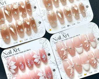 Hand Painted Flower Long Press On Nails: Pink/White/Coffee, Summer - SIZE S