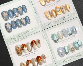 Hand Painted Flower Press On Nails: Spring Nails, Simple daily, Gold - Size S/M
