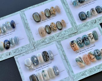 Hand Painted Jade Press On Nails: Fall Design, 3D Flower, Green, Gold - Size S