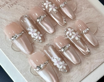 Spring Flower Press On Nails Holiday: French Tip, Gold, Handmade, Christmas - Size S/M