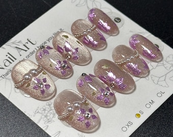 Purple Flower Press On Nails Short: Hand Painted, Shell/Pearl - Size S
