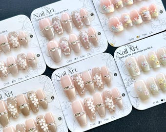 Spring Flower Press On Nails: Hand Painted, French Tip, 3D Gold - Size S