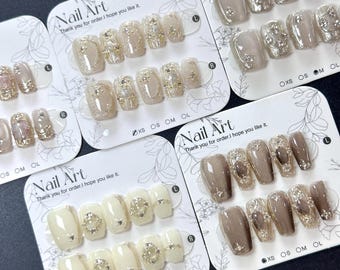 Mirror Short Press On Nails: White, Beige, Gold, 3D Design - Size XS/S/M