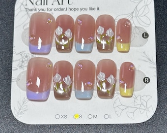 3D Tulip Flower Press On Nails – Rainbow French Tip, Handmade - Size S/M