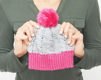 Crochet Hat Pattern | Pink Pom Cable Beanie Crochet Pattern | Crochet Beanie Pattern | Crochet Beanie Hats Pattern | PDF Pattern