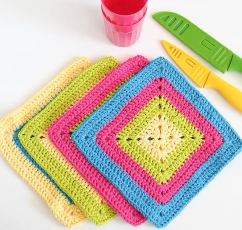 Colorful Solid Granny Square Dishcloth Crochet Pattern Easy Etsy