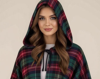 Handmade Scottish Tartan Hooded Ruana: Wool Plaid Cape