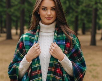 Handgemachter Wollstoff Tartan Ruana: Schottisches Decken-Cape, Highland karierter Schal