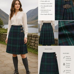 May include: A green, navy, and red tartan gillie skirt with two adjustable buckle closures. The knee-length skirt features knife pleats and is made of authentic tartan fabric. The image also includes the text "TARTAN GILLIE SKIRT".