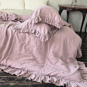 Ruffled Organic Linen Duvet Cover Set. Quoil Cover With Ruffle. Farmhouse Bedding