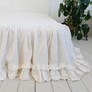 Natural Linen Dust Ruffle Bed Skirt. Bedspread With Double Ruffles. Organic Valance.
