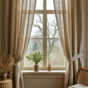 May include: Beige linen curtains frame a window with a view of a tree. The curtains are tied back with matching fabric. A small wicker table holds a vase of dried grasses. Two ceramic vases with greenery sit on the windowsill.