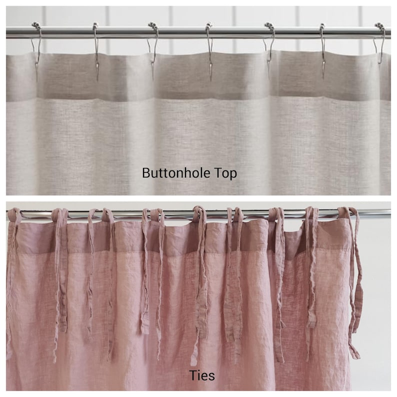 K&ouml;nnte beinhalten: Ein geteiltes Bild mit zwei Duschvorh&auml;ngen an Metallstangen. Der obere Vorhang ist hellbeige mit Knopfloch-Aufh&auml;ngung. Der untere Vorhang ist altrosa mit Bindeb&auml;ndern. Der Text 'Buttonhole Top' und 'Ties' beschreibt jeweils den Stil.