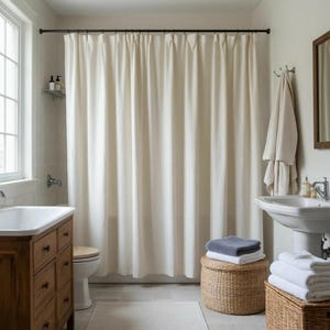 May include: A bathroom scene featuring a cream-colored shower curtain, a wooden vanity, and a white sink. A woven basket holds folded towels. The room has a neutral color palette with a window and a mirror.