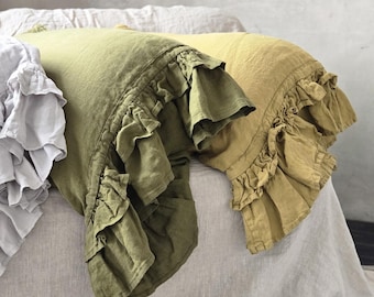 Funda de almohada de lino lavado a la piedra: Funda de lino orgánico con volantes