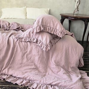 Ruffled Duvet Cover and Pillowcases Farmhouse 100% Organic Linen Comforter Cover Set Quilt Cover Queen King CalKing Twin Full
