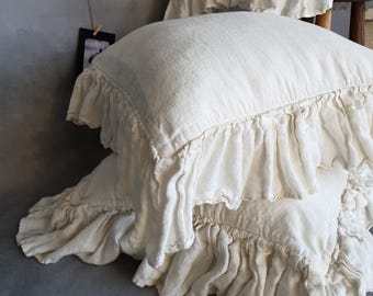 Linen Pillowcover With Ruffle. Soft Stonewashed Flax Ruffled Pillowcase Standard Queen King EUR