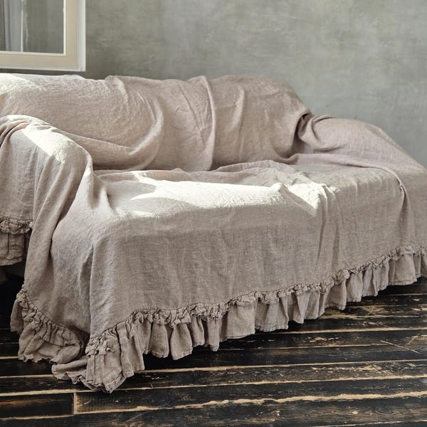 Ruffled linne sofföverdrag: Stentvättad shabby chic överkast