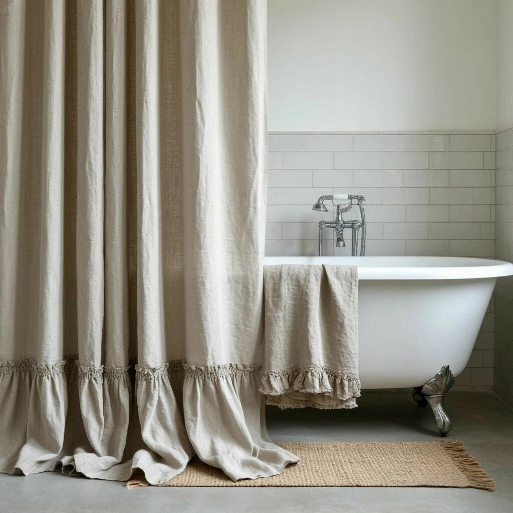 Ruffle Linen Curtain Panel. Custom Size Organic Bathroom Drape. Douche Decor