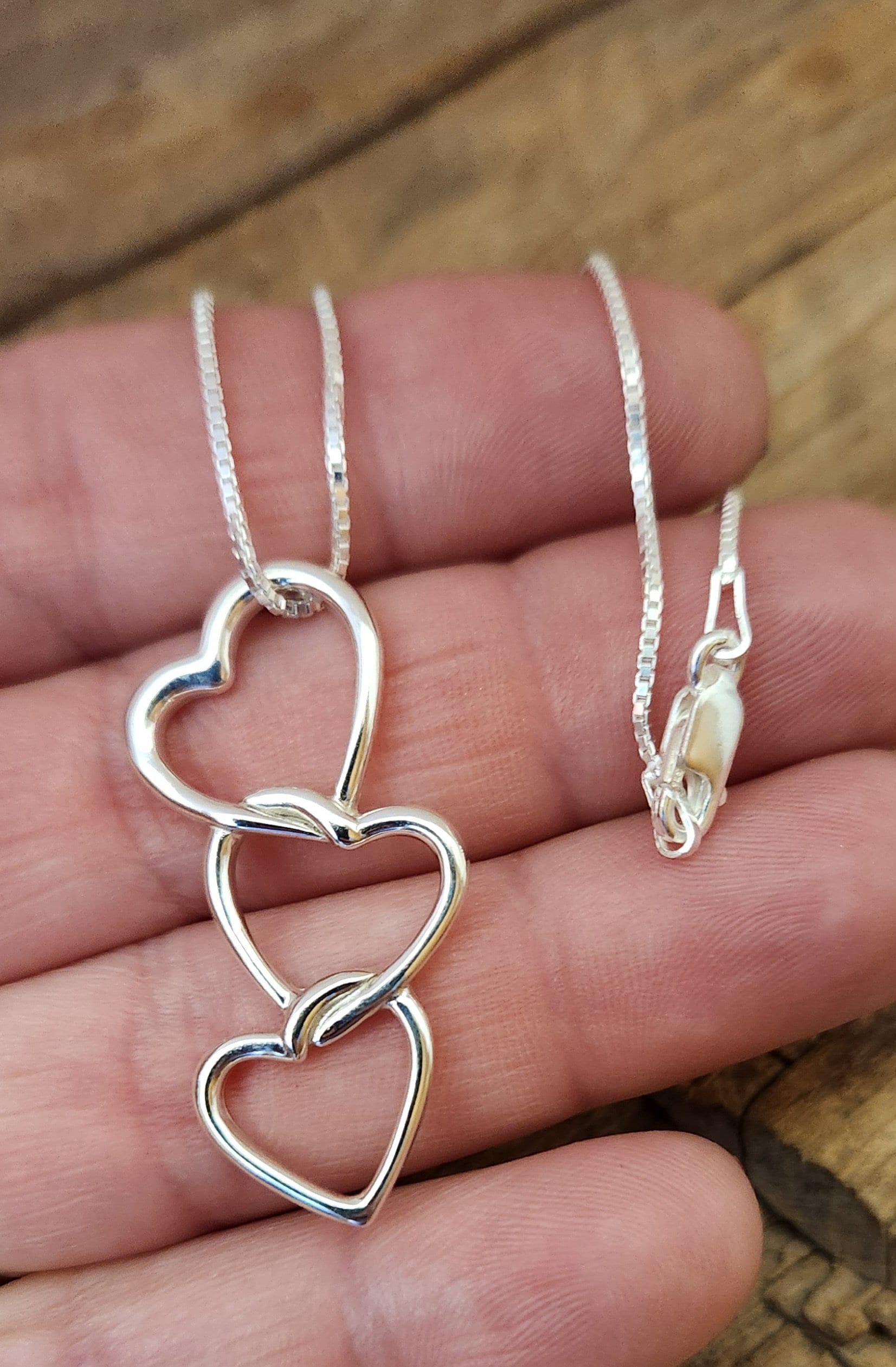 HEART NECKLACE, Silver Charm, Triple Heart Necklace Mother Gift
