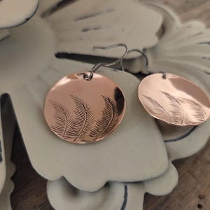 FEATHER EARRINGS - Copper Disc Earrings - Bar Earrings Nature Jewelry - Copper on Stainless Steel Earwire, Hypoallergenic, Lightweight