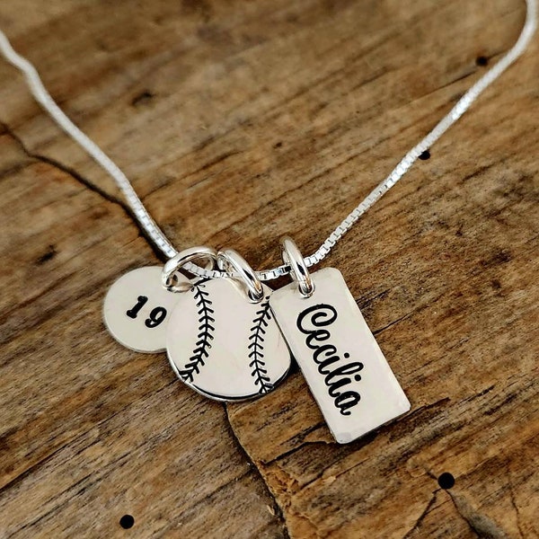 PERSONALIZED SOFTBALL Necklace, Baseball Necklace, Silver Softball, Name Charm, Silver Baseball Necklace, Gift for Coach, Gift for Baseball