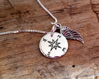 COMPASS with Angel Wing Necklace - Sterling Silver Compass, Angels Provide You with Direction, Remembrance, Memorial Necklace, Loss