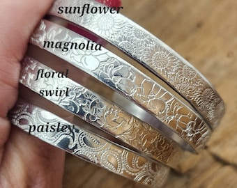 MAGNOLIA FLORAL BRACELET 1/4" Aluminum Cuff, Sunflower Bracelet, Floral Swirl Bracelet, Paisley Bracelet, Custom Bracelet, Mothers Gift
