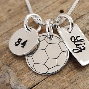 PERSONALIZED SOCCER NECKLACE, Silver Soccer Necklace, Name Charm, Number Charm, Soccer Ball Charm, Gift for Coach, Gift for Team, Team Gift