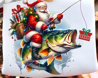 May include: A whimsical illustration depicts Santa Claus fishing on a large, colorful fish. Santa, in his red suit and hat, holds a fishing rod, with a gift box on the line. The fish is adorned with Christmas lights and Santa carries a Christmas tree on his back.