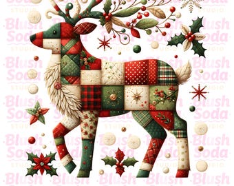 Christmas patchwork, reindeer png, patchwork png, preppy Christmas png, Christmas girly png, faux embroidery png, Christmas florals png