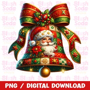 Peut inclure: Une cloche de Noël décorative avec le Père Noël, des poinsettias rouges et un grand nœud rouge et vert. La cloche est ornée d'étoiles dorées et d'une boule dorée. Le texte "PNG / DIGITAL DOWNLOAD" est en bas.