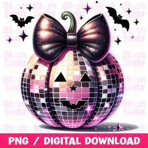 May include: A digital illustration of a Halloween disco pumpkin with a black bow, stem, and face. The pumpkin is covered in pink and silver squares. Black bats and stars are scattered around the pumpkin. The text "PNG / DIGITAL DOWNLOAD" is at the bottom.