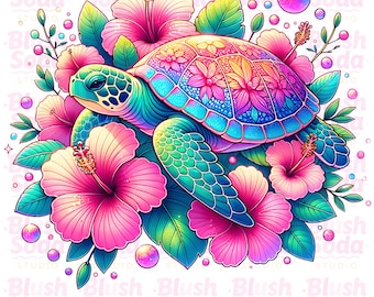 Sea Turtle Png, Sublimation Design, Summer Png, Ocean Sublimation, Tropical Flowers Png, Watercolor Sea Turtle Png, Floral Turtle Png