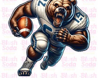 May include: A digital illustration of a brown bear in a football uniform, running with a football. The bear is wearing a white and blue jersey with the number 76. The image includes the text "PNG / DIGITAL DOWNLOAD".