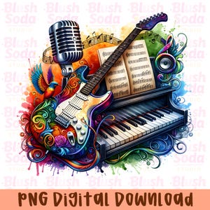May include: A vibrant digital illustration featuring a colorful electric guitar, a piano, a vintage microphone, and musical notes. The guitar is adorned with intricate patterns and a rainbow of colors. The image includes the text "PNG DIGITAL DOWNLOAD".