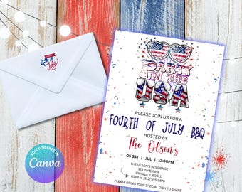 May include: A Fourth of July BBQ invitation with a patriotic theme. The invitation features the text "Party in the USA" and "Fourth of July BBQ" with red, white, and blue accents. An envelope with a "Happy 4th of July" sticker is also included.