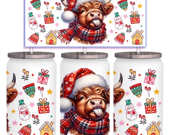 Christmas Baby Cute Highland Cow 16oz Libbey Frosted Glass Can Wrap Tumbler Sublimation Design, Christmas Cup, PNG Download