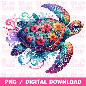 May include: A vibrant watercolor illustration of a sea turtle with a colorful shell. The shell features floral patterns in pink, orange, and yellow. The turtle is surrounded by swirling water elements and the text "PNG / DIGITAL DOWNLOAD".