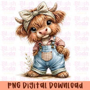 May include: A digital illustration of a Highland cow calf wearing a polka dot bow, headband, and denim overalls. The calf has large eyes, a pink nose, and a plaid shirt. The text "PNG DIGITAL DOWNLOAD" is at the bottom.