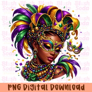 May include: A digital illustration of a person in a Mardi Gras costume. The image shows a detailed mask, crown, and feathered headdress in purple, green, and gold. The text "PNG DIGITAL DOWNLOAD" is at the bottom of the image.