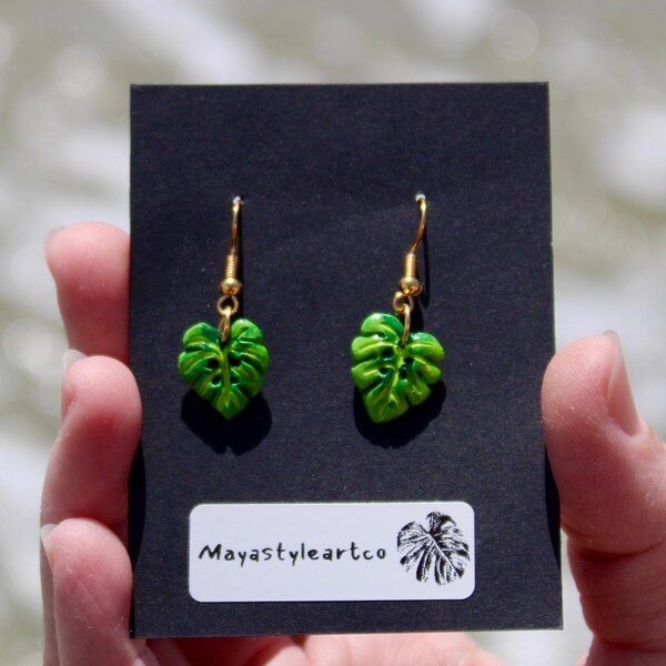 Hand-Painted monstera deliciosa Polymer Clay Earrings | Tropical Statement Jewelry